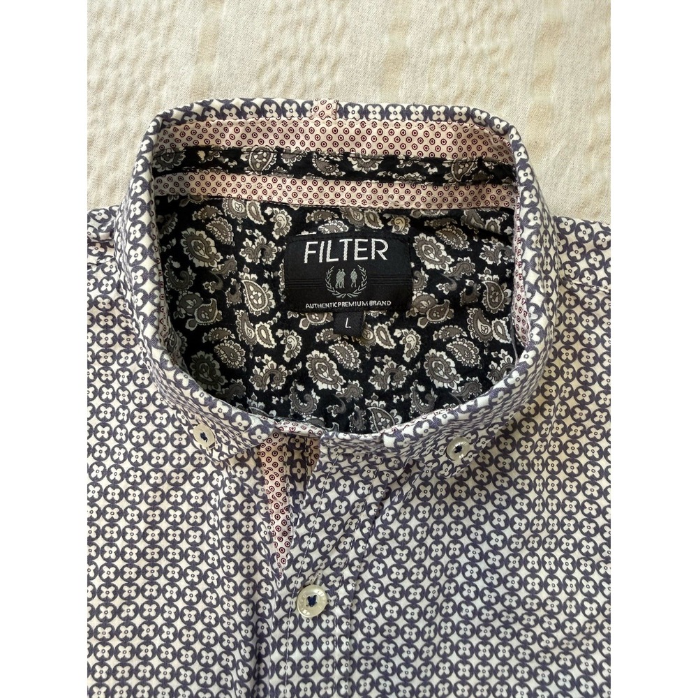 Geometric Floral Button Down Shirt Contrast Paisley Detail Large Filter